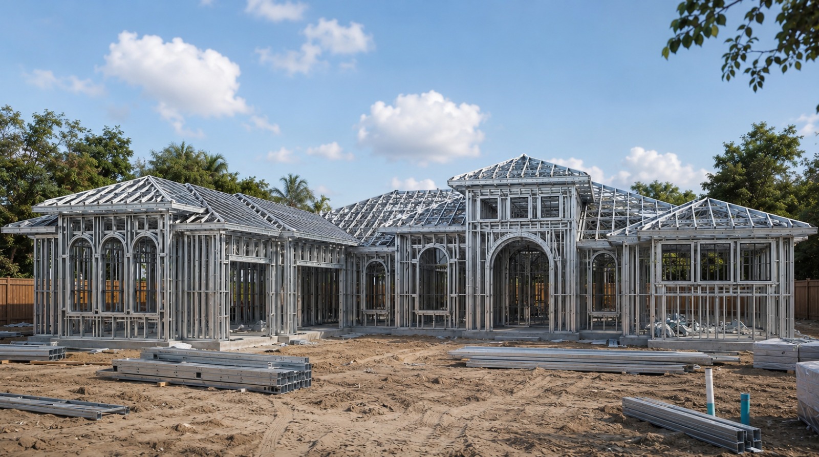 Complex custom residence framed in light steel