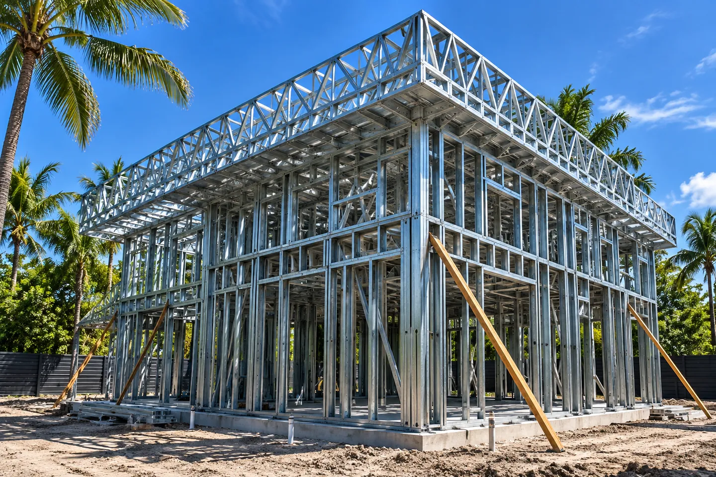 Roof framing installed on the two-story structure