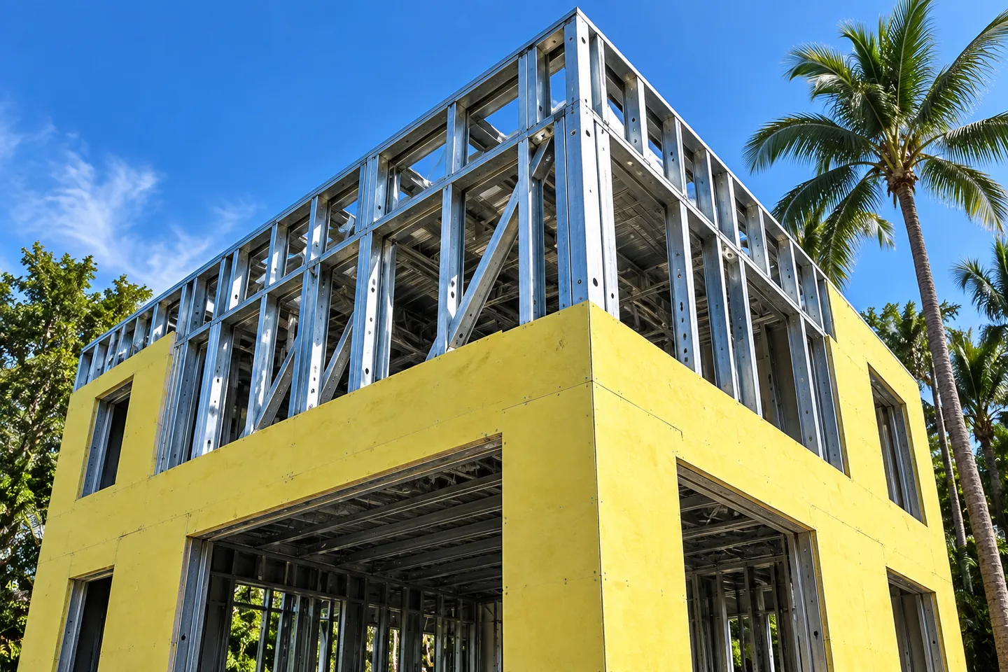Exterior sheathing begins around the steel frame