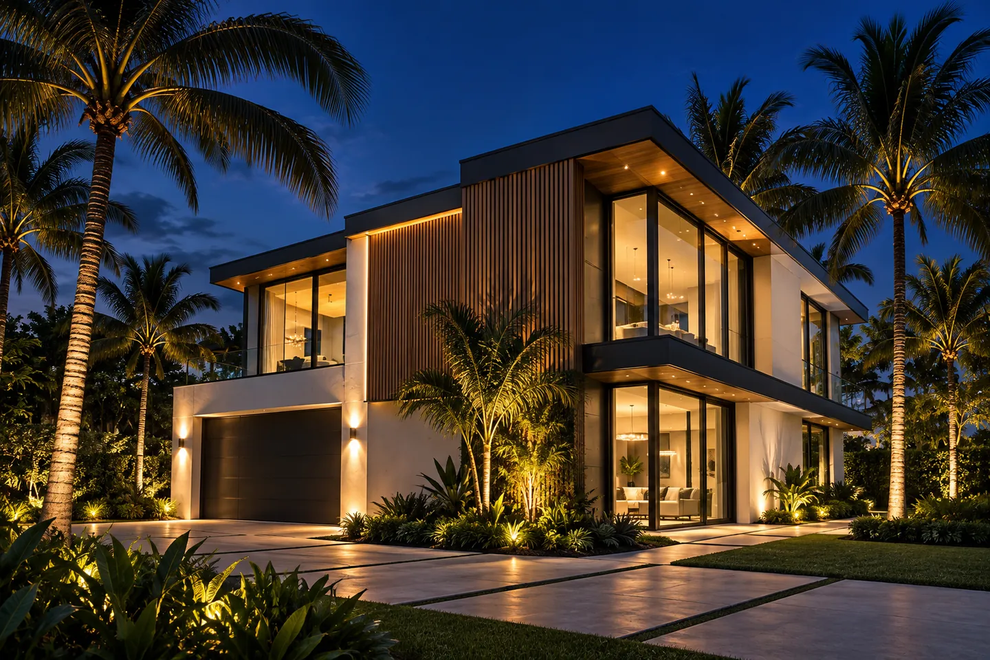 Completed home with evening landscape lighting