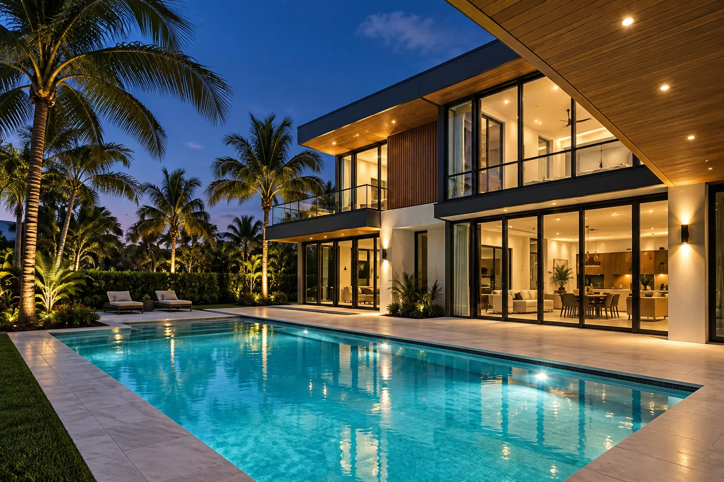 Completed home and pool at twilight